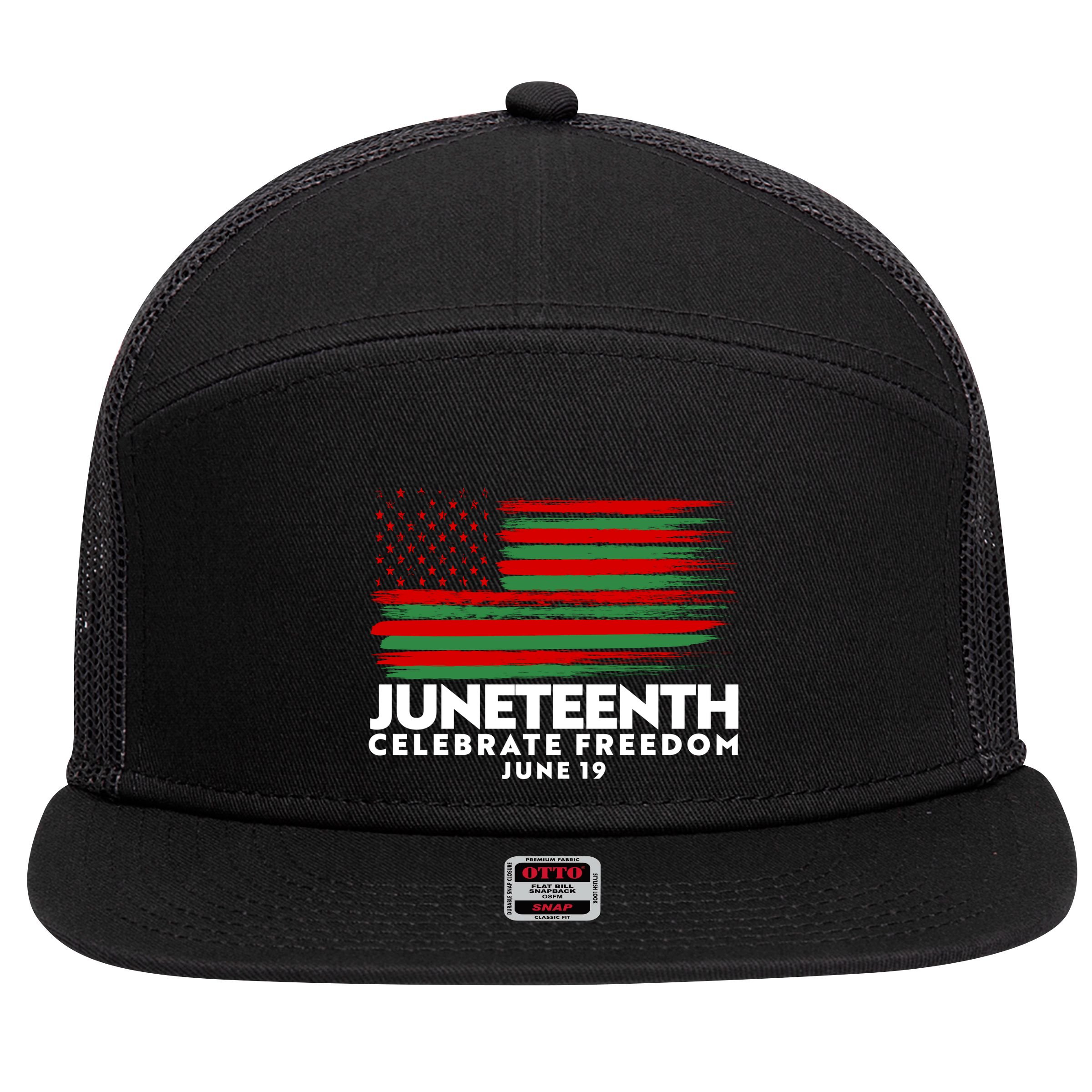 Juneteenth US Flag Celebrate Freedom June 19 7 Panel Mesh Trucker Snapback Hat
