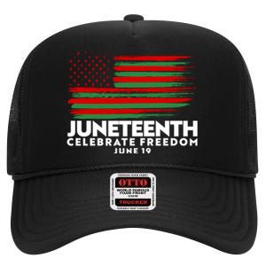 Juneteenth US Flag Celebrate Freedom June 19 High Crown Mesh Back Trucker Hat