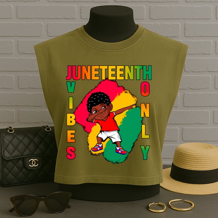 Juneteenth Vibes Only Dabbing African American Boys Garment-Dyed Women's Muscle Tee