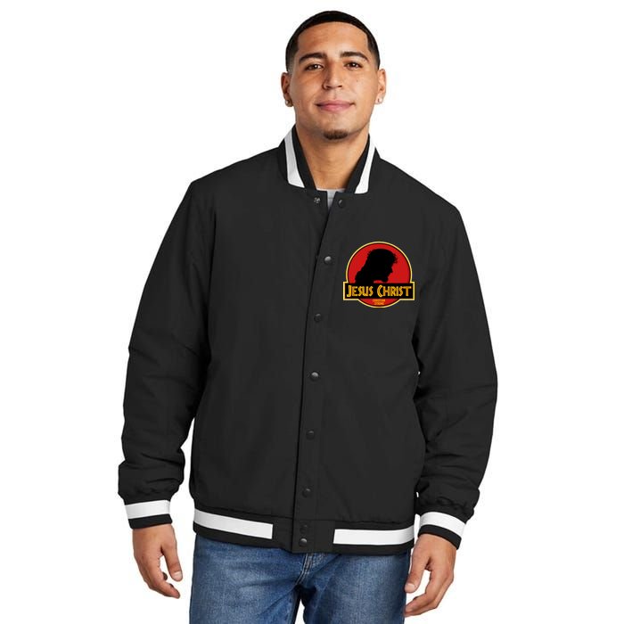 Jurassic Jesus Christ Christian Faith Insulated Varsity Jacket