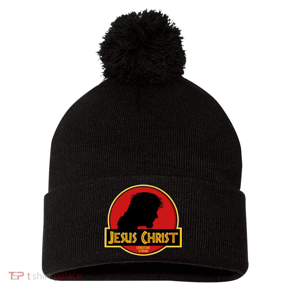 Jurassic Jesus Christ Christian Faith Pom Pom 12in Knit Beanie