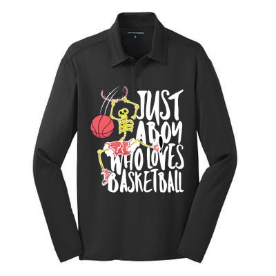 Just A Boy Who Loves Basketball Skeleton Silk Touch Performance Long Sleeve Polo