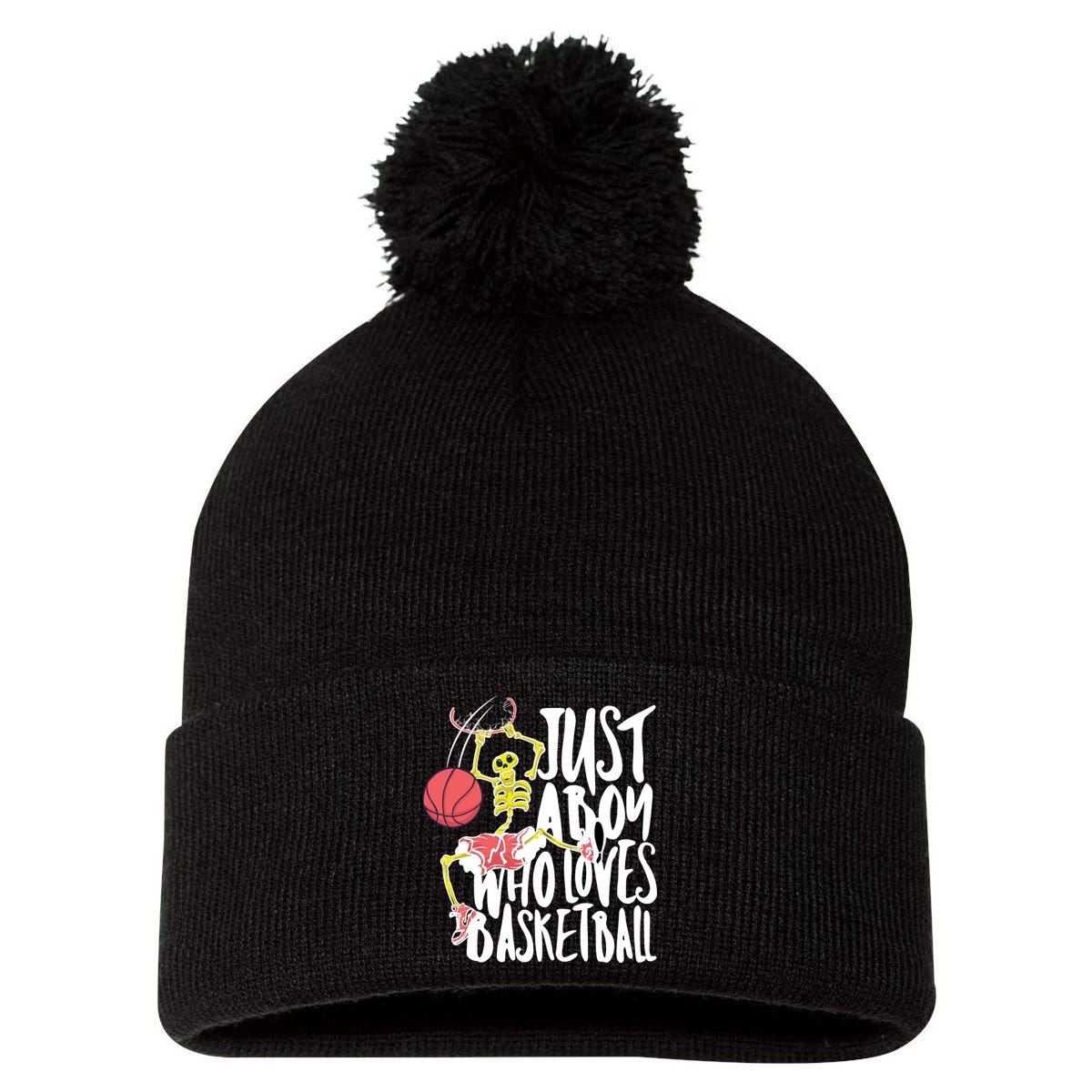 Just A Boy Who Loves Basketball Skeleton Pom Pom 12in Knit Beanie