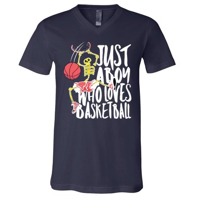 Just A Boy Who Loves Basketball Skeleton V-Neck T-Shirt