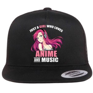 Just A Girl Who Like Anime And Music Funny Anime Flat Bill Trucker Hat