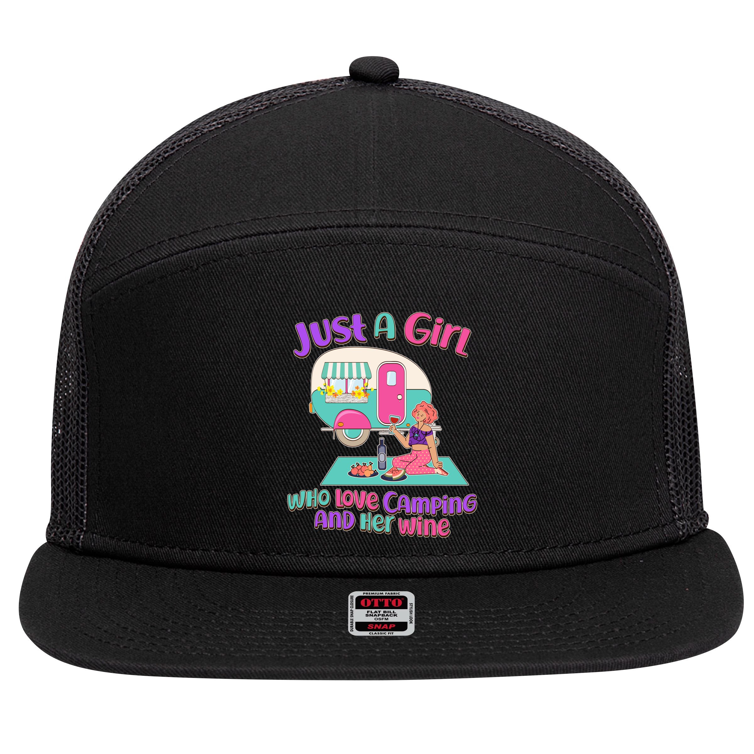 Just A Girl Who Love Camping And Her Wine 7 Panel Mesh Trucker Snapback Hat