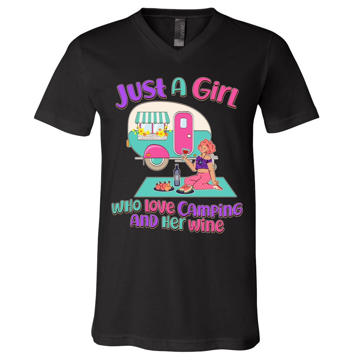 Just A Girl Who Love Camping And Her Wine V-Neck T-Shirt
