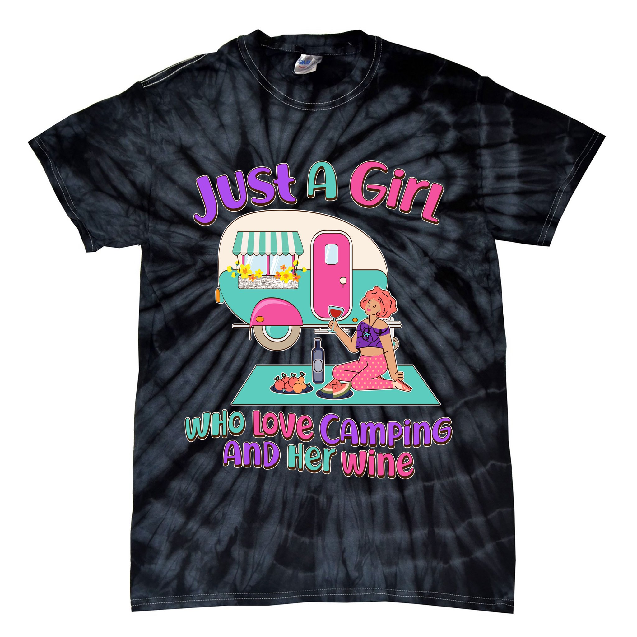 Just A Girl Who Love Camping And Her Wine Tie-Dye T-Shirt
