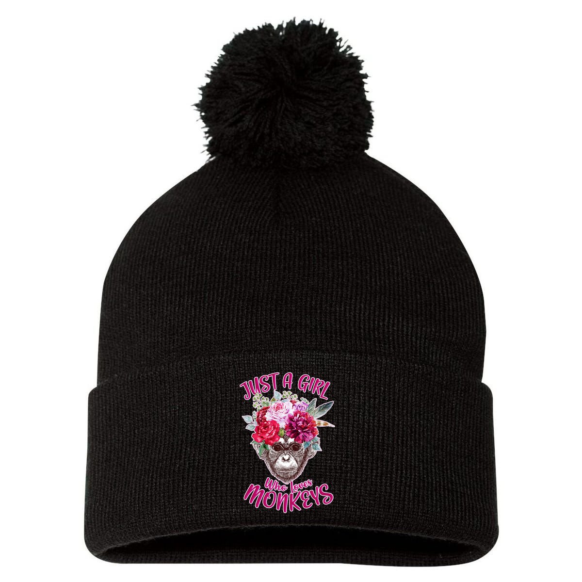 Just A Girl Who Loves Monkeys Cute Pom Pom 12in Knit Beanie