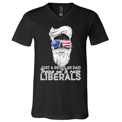Just A Regular Dad Trying Not To Raise Liberals Hipster Dad V-Neck T-Shirt