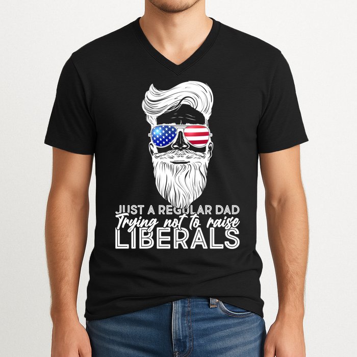 Just A Regular Dad Trying Not To Raise Liberals Hipster Dad V-Neck T-Shirt