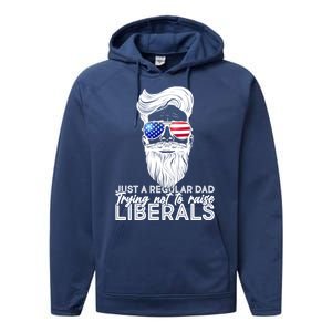 Just A Regular Dad Trying Not To Raise Liberals Hipster Dad Performance Fleece Hoodie