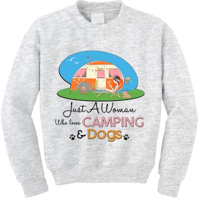 Just A Woman Who Loves Camping & Dogs Kids Sweatshirt