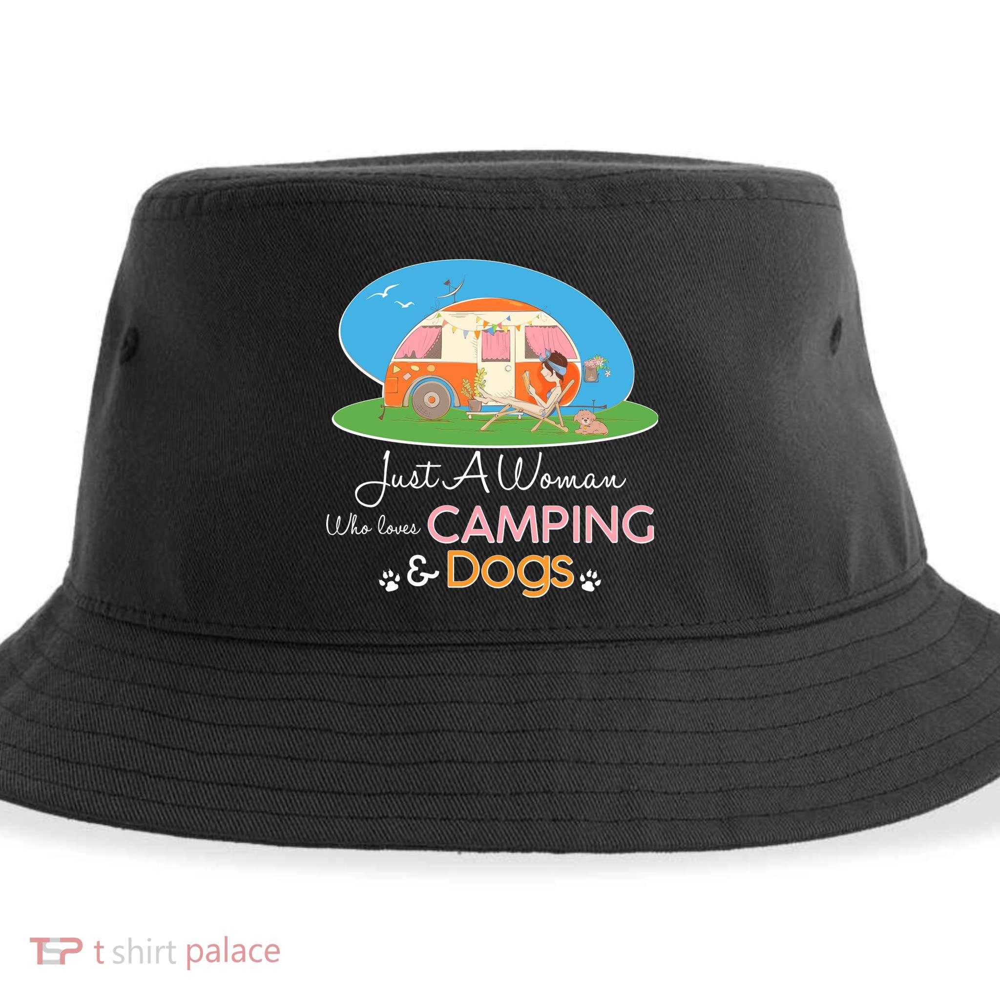 Just A Woman Who Loves Camping & Dogs Sustainable Bucket Hat