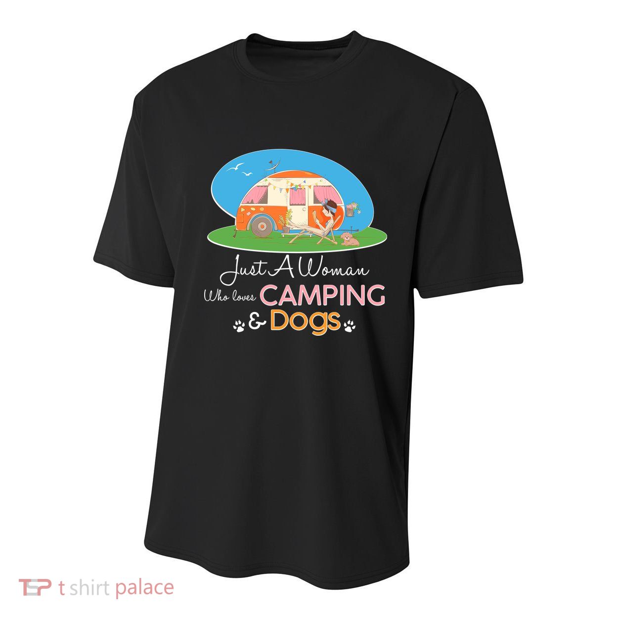 Just A Woman Who Loves Camping & Dogs Youth Performance Sprint T-Shirt