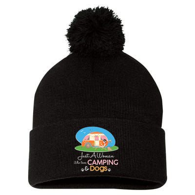 Just A Woman Who Loves Camping & Dogs Pom Pom 12in Knit Beanie
