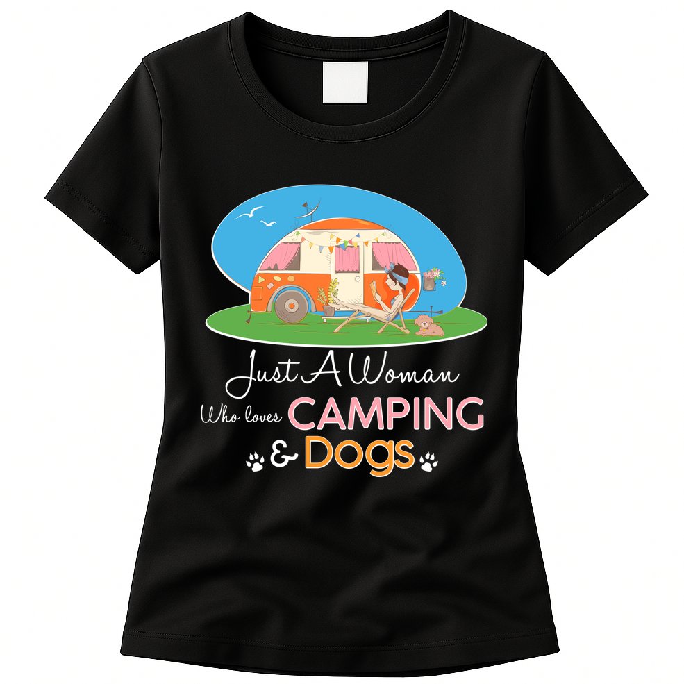 Just A Woman Who Loves Camping & Dogs Womens T-Shirt