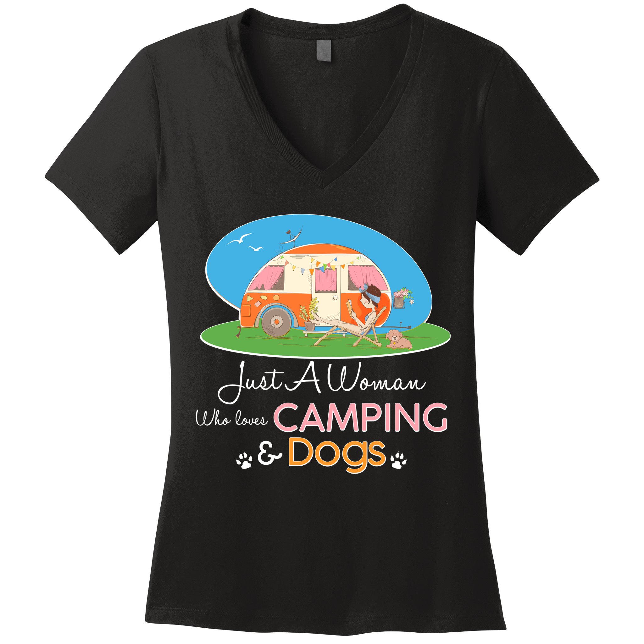 Just A Woman Who Loves Camping & Dogs Women's V-Neck T-Shirt