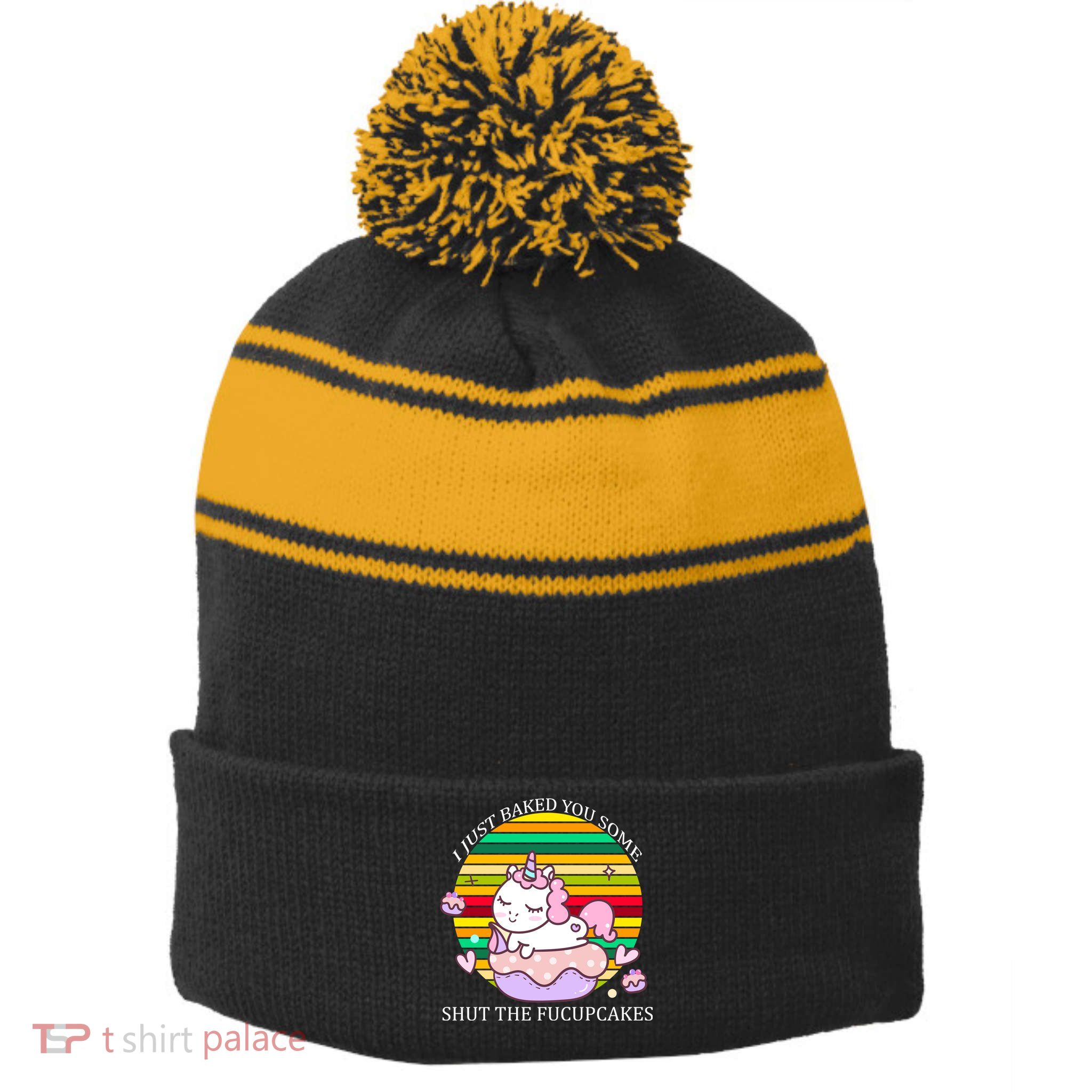 Just Baked You Some Shut The F*ucupcakes Stripe Pom Pom Beanie