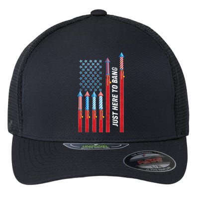 Just Here To Bang American Flag Fireworks Flexfit Unipanel Trucker Cap