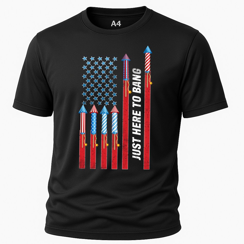 Just Here To Bang American Flag Fireworks Cooling Performance Crew T-Shirt