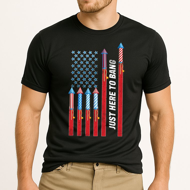 Just Here To Bang American Flag Fireworks Cooling Performance Crew T-Shirt