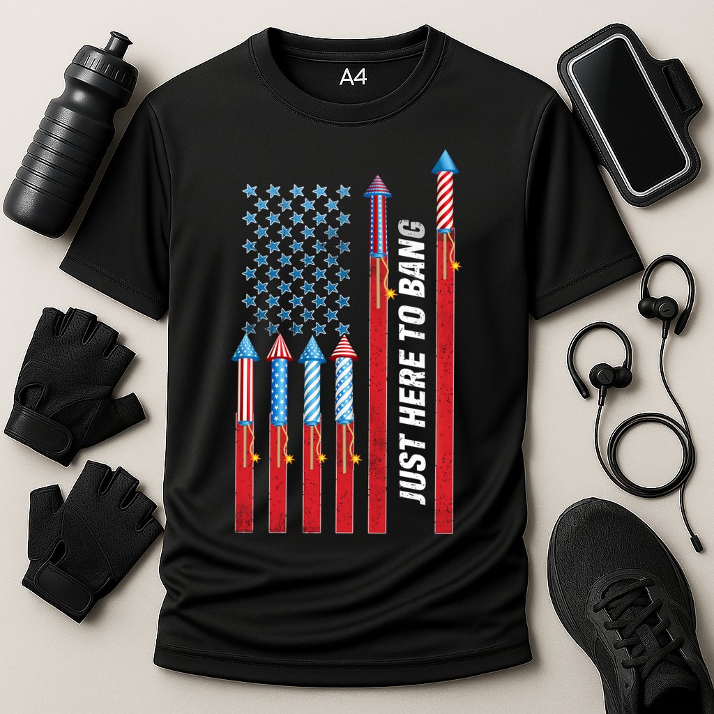 Just Here To Bang American Flag Fireworks Cooling Performance Crew T-Shirt