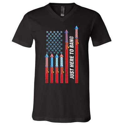 Just Here To Bang American Flag Fireworks V-Neck T-Shirt