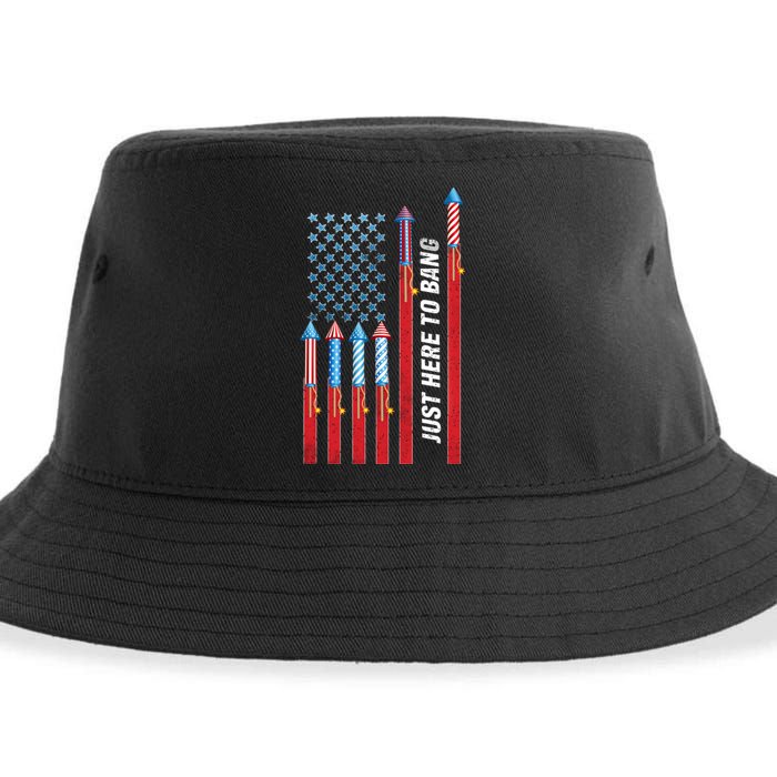 Just Here To Bang American Flag Fireworks Sustainable Bucket Hat