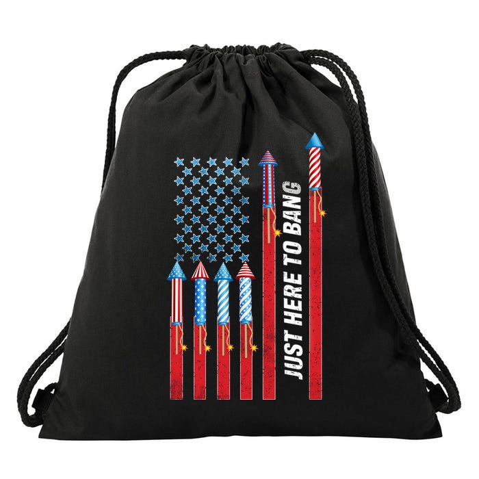 Just Here To Bang American Flag Fireworks Drawstring Bag