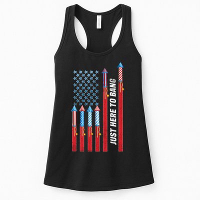 Just Here To Bang American Flag Fireworks Womens Tank Top