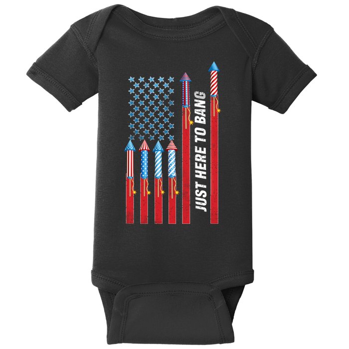 Just Here To Bang American Flag Fireworks Baby Bodysuit