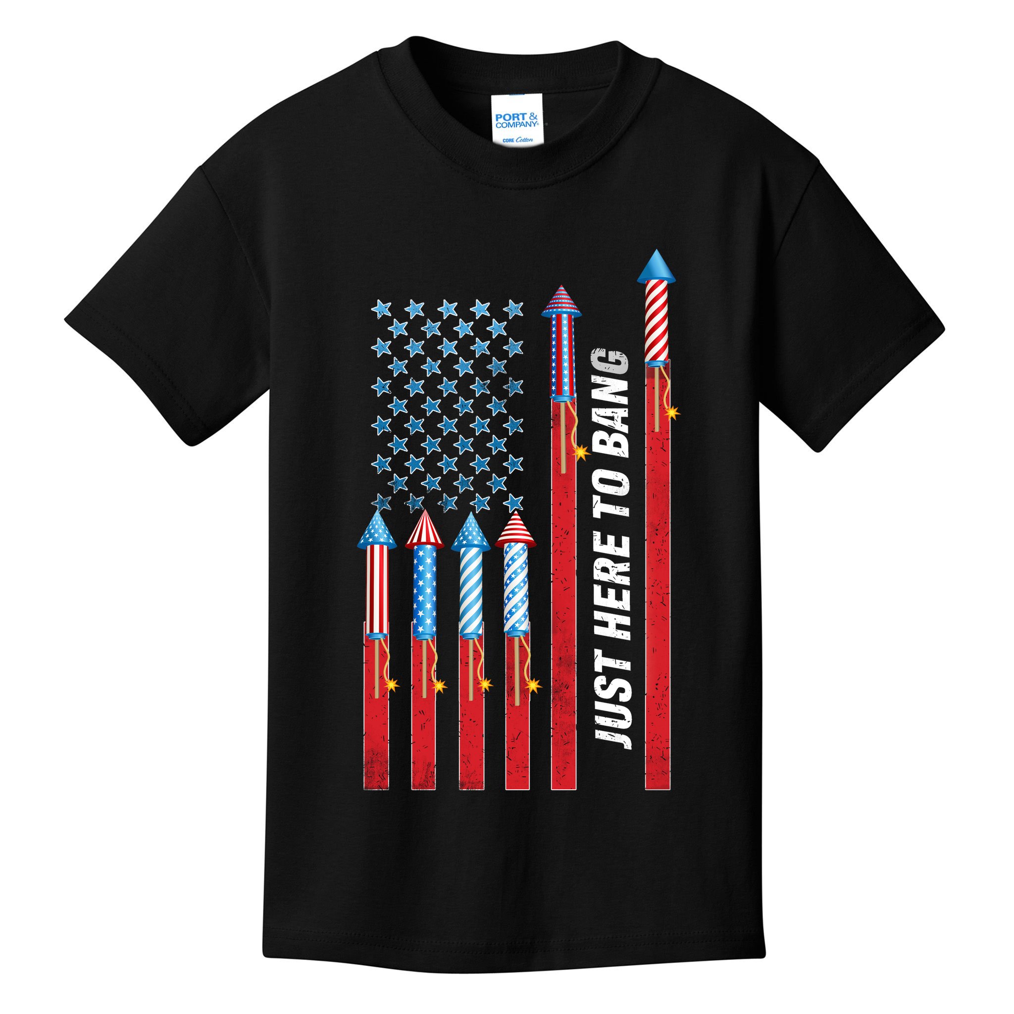 Just Here To Bang American Flag Fireworks Kids T-Shirt