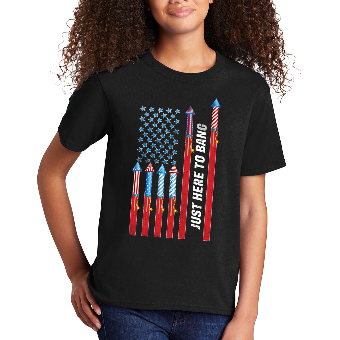 Just Here To Bang American Flag Fireworks Kids T-Shirt