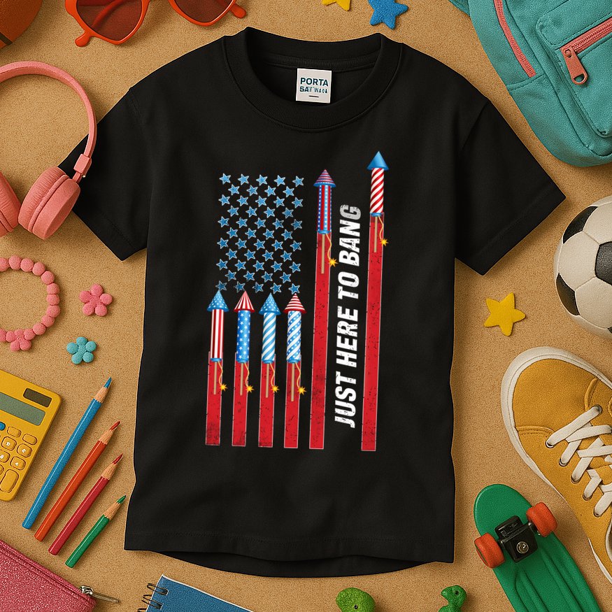 Just Here To Bang American Flag Fireworks Kids T-Shirt