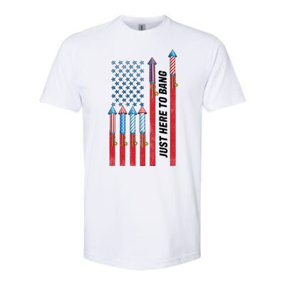 Just Here To Bang American Flag Fireworks Softstyle® CVC T-Shirt