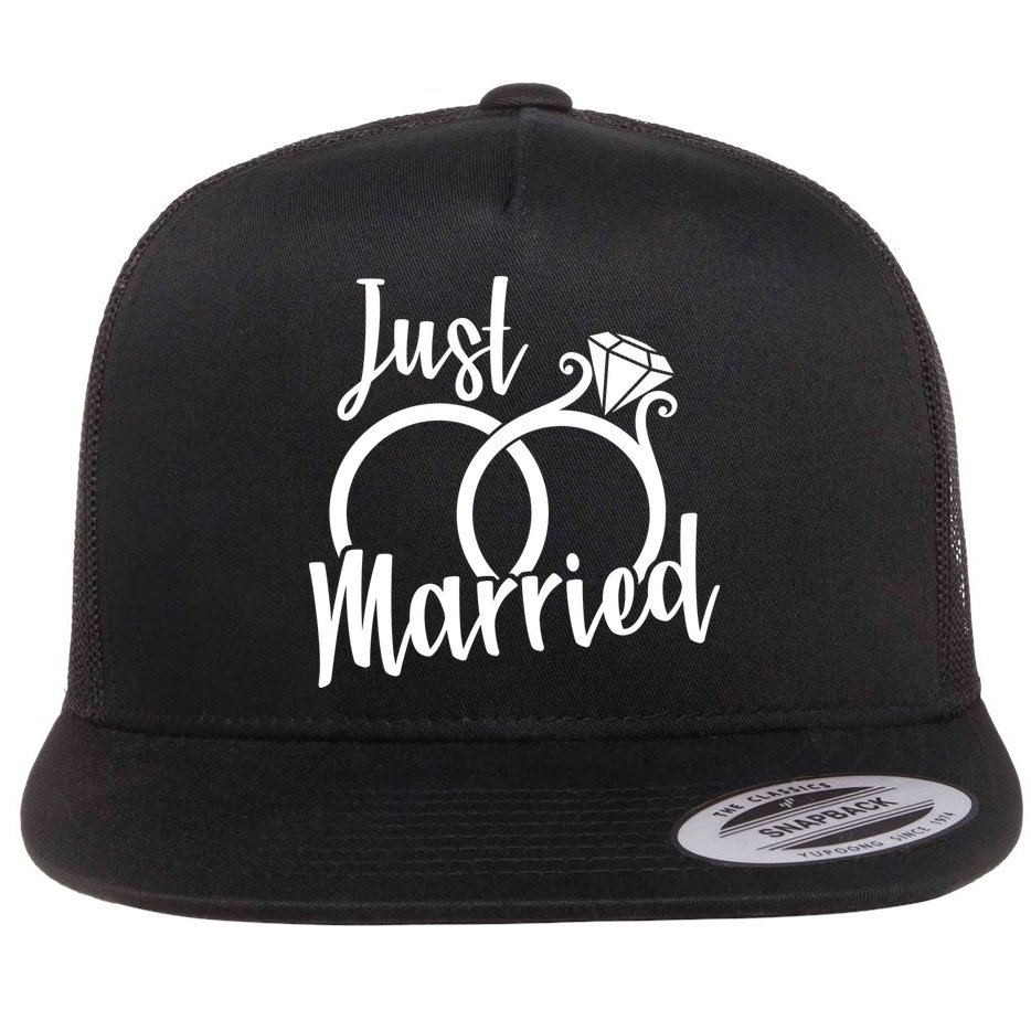 Just Married Ring Logo Flat Bill Trucker Hat