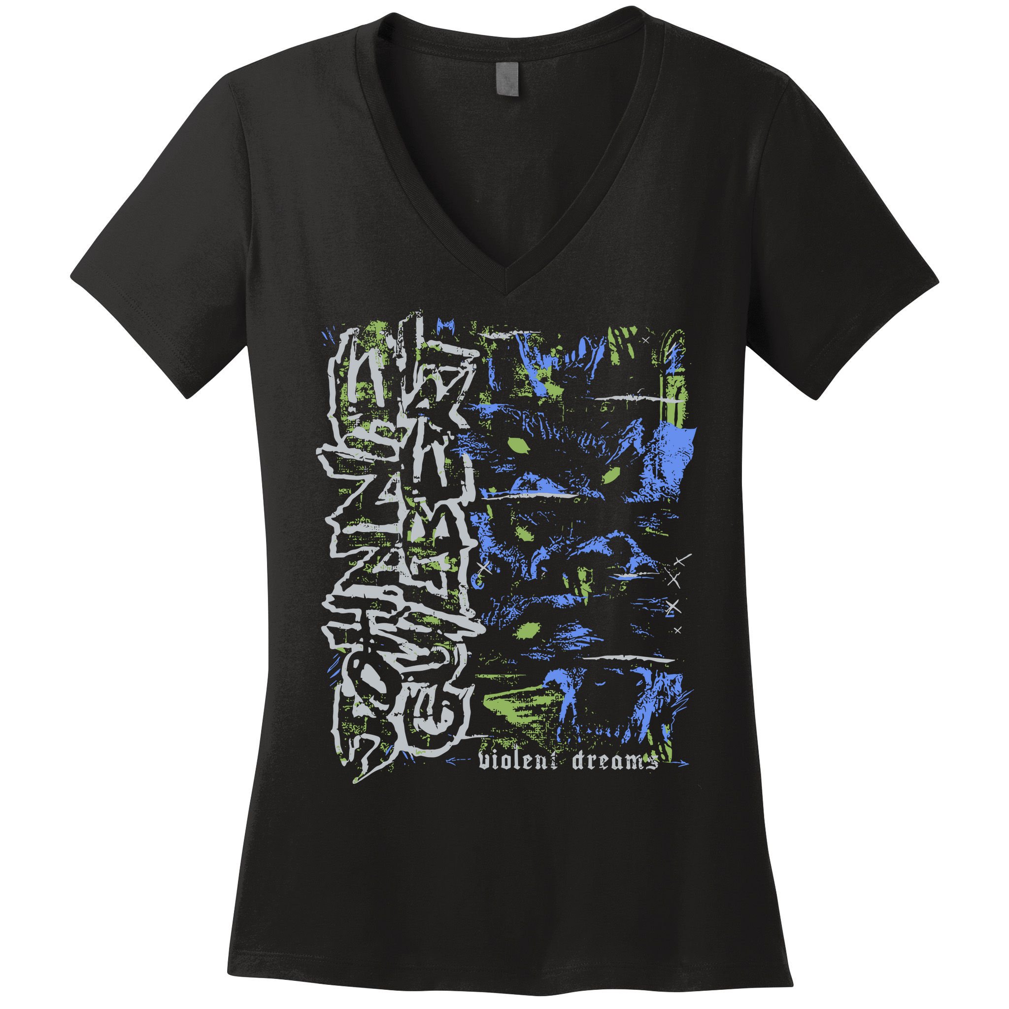Johnnieguilbert Violent Dream Wolf Blue Green Women's V-Neck T-Shirt