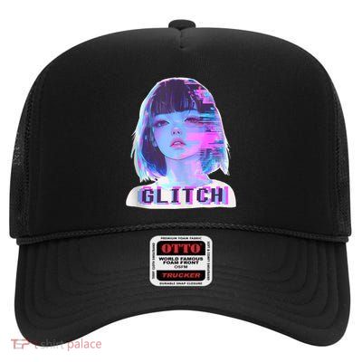 Japanese Vaporwave Edgy Sad Glitch Girl Anime Aesthetic High Crown Mesh Back Trucker Hat