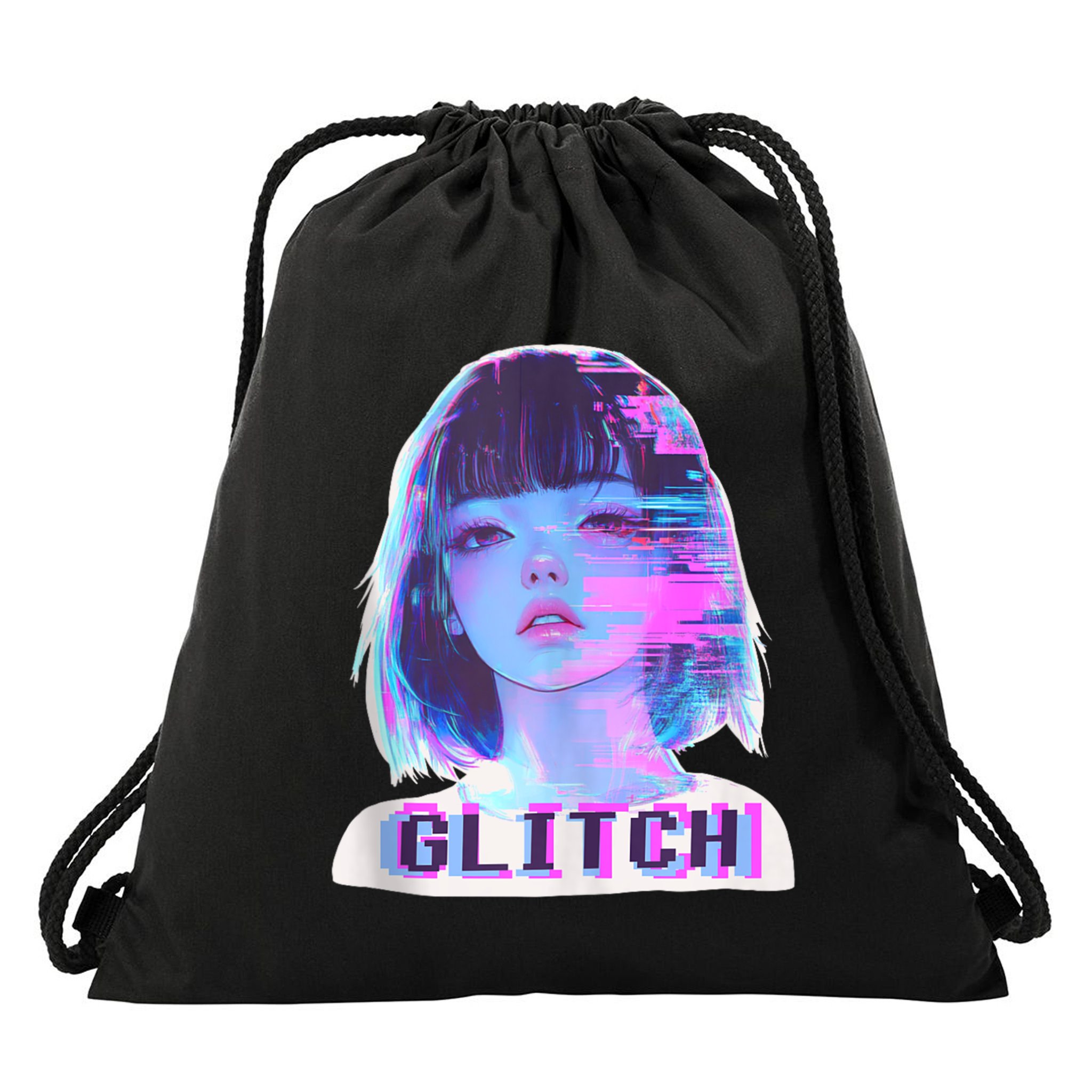 Japanese Vaporwave Edgy Sad Glitch Girl Anime Aesthetic Drawstring Bag