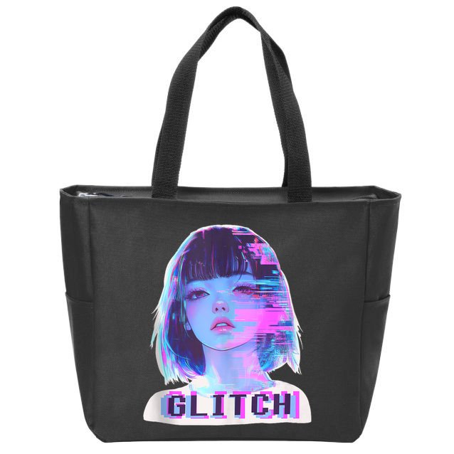 Japanese Vaporwave Edgy Sad Glitch Girl Anime Aesthetic Zip Tote Bag