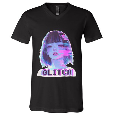 Japanese Vaporwave Edgy Sad Glitch Anime Aesthetic V-Neck T-Shirt