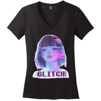 Japanese Vaporwave Edgy Sad Glitch Anime Aesthetic Women's V-Neck T-Shirt