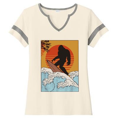 Japanese Vintage Kanagawa Art Surfing Bigfoot Hanging Ten Ladies Halftime Notch Neck Tee