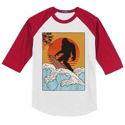 Japanese Vintage Kanagawa Art Surfing Bigfoot Hanging Ten Kids Colorblock Raglan Jersey