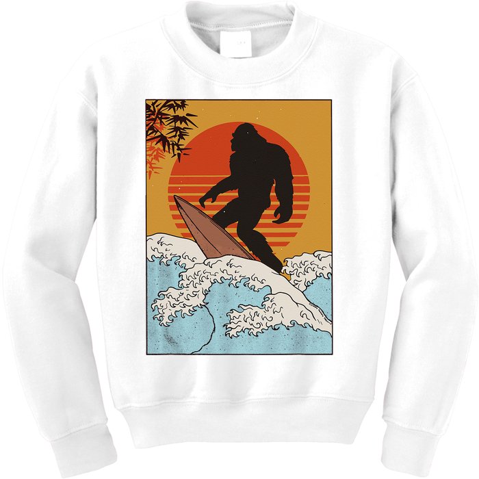 Japanese Vintage Kanagawa Art Surfing Bigfoot Hanging Ten Kids Sweatshirt