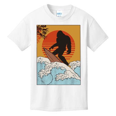 Japanese Vintage Kanagawa Art Surfing Bigfoot Hanging Ten Kids T-Shirt