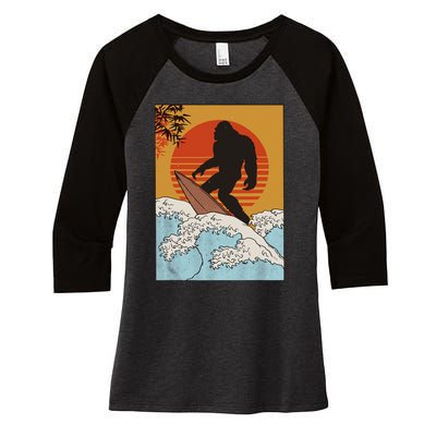 Japanese Vintage Kanagawa Art Surfing Bigfoot Hanging Ten Women's Tri-Blend 3/4-Sleeve Raglan Shirt