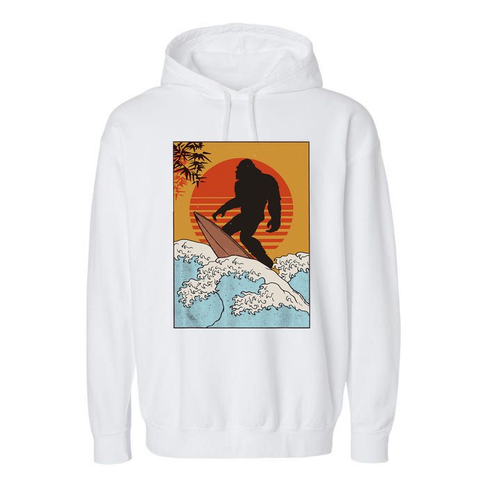 Japanese Vintage Kanagawa Art Surfing Bigfoot Hanging Ten Garment-Dyed Fleece Hoodie