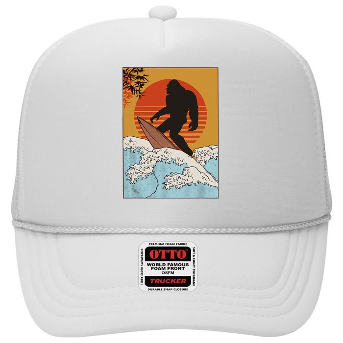 Japanese Vintage Kanagawa Art Surfing Bigfoot Hanging Ten High Crown Mesh Back Trucker Hat